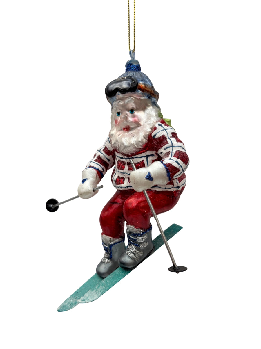 Santa on Skis Glass Ornament
